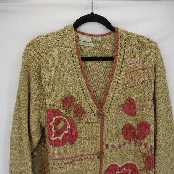 Sigrid Olsen Sport Brown w/Floral Hand Knitted Button Up 3/4 Sleeve Sweater 1X - Picture 2 of 12